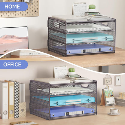 Subekyu Paper Letter Tray Organizer for Desk, Gray Metal Mesh Desk File Sorter Organizer with Handle and 2 Sliding Trays for Home Office School Supplies Organization