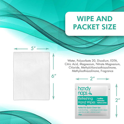 Handynaps Alcohol-Free Hand Wipes With Fresh Lemon Scent, Gentle On The Skin - Box of 100 Individually Wrapped Wipes For Adults and Kids, Travel Essentials