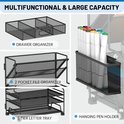 5 Tier Desk Organizer with Drawer & Pen Holders, Desk File Organizer Letter Tray Paper Organizer, Black