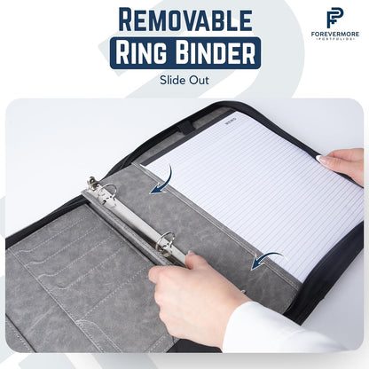 Padfolio Binder - Professional Faux Leather Travel Organizer Pouch for Tablet, Documents, Presentation Folders, Zipper Closure, Detachable 3-Ring Notepad - Gray