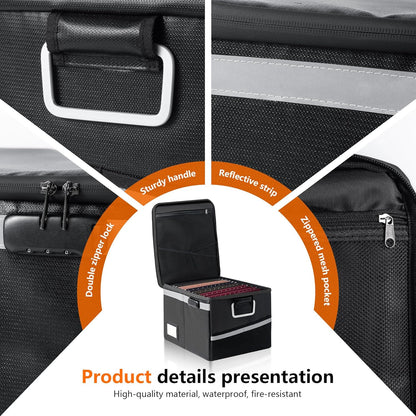 Fireproof Document Box,Portable File Organizer with Lock,Water-Resistant Document Organizer Collapsible File Cabinets for Home Office Safe Storage Box for Hanging Letter/Legal Folders-Black