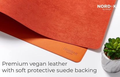 Nordik Leather Desk Mat Cable Organizer - Tangerine Orange 35 X 17 inch - Premium Extended Mouse Mat for Home Office Accessories - Non-Slip Vegan Leather Desk Pad Protector & Desk Blotter Pad