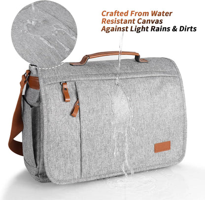 ESTARER Messenger Bag 17-17.3 Inch, Men's Computer Bag Water-resistant Canvas, Laptop Shoulder Bag for Travel Work College, Light Grey