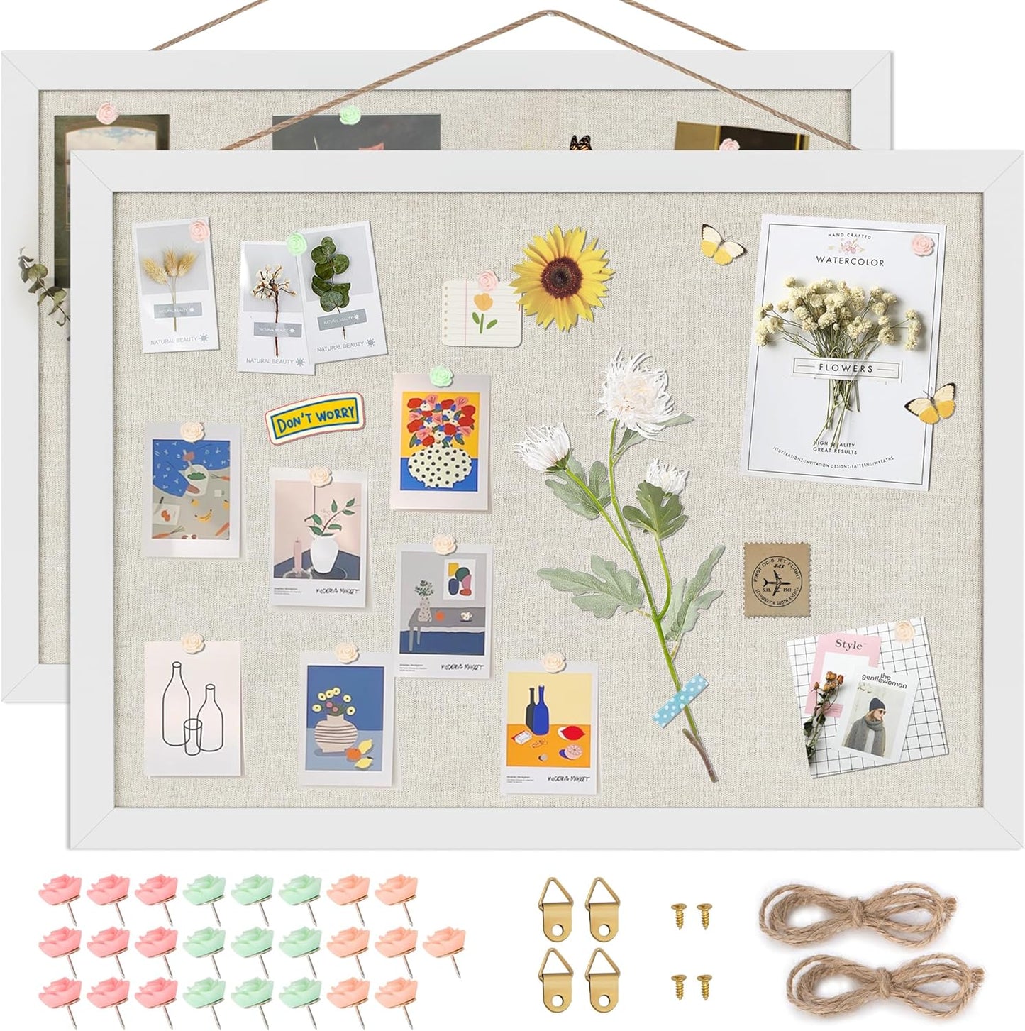 Cork Board Bulletin Board 16.7" x 11", 2-Pack Small Linen Corkboards with Frame for Walls, Cute Picture Display Pin Board Vision Board for Room School Office Bedroom 25 Pushpins Vintage White