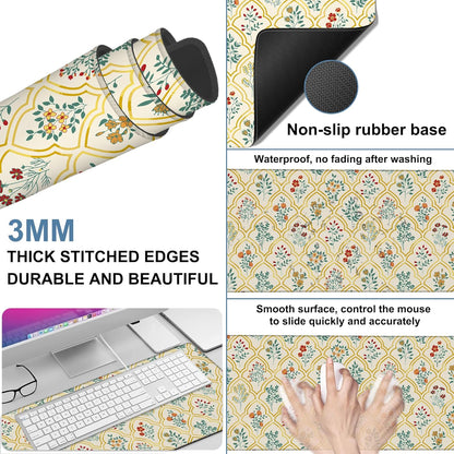 Large Mouse Pad Decorative Floral Gaming Desk Pad Computer Keyboard Non-Slip Waterproof Mouse Mat with Rubber Base and Stitched Edges Entertainment Office Writing Desk Mat 35.4 x 15.7 Inches