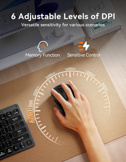 TECKNET Bluetooth Mouse, [ USB + BT1 + BT2 ] Wireless Mouse for Laptop, Silent Click, Full-Size, 4800 DPI Computer Mice Wireless, Dual Mode for Laptop, Computer, iPad, MacBook