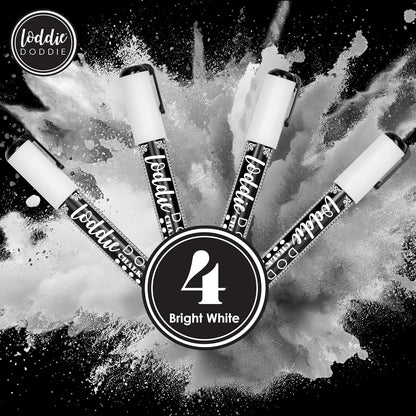 Loddie Doddie Liquid Chalk Markers - Pack of 4, 6mm White Chalk Markers for Chalkboard, Window, Glass & Bistro, Bullet & Chisel Tip - Erasable Ink Pens for Blackboard - Chalkboard Pens Erasable