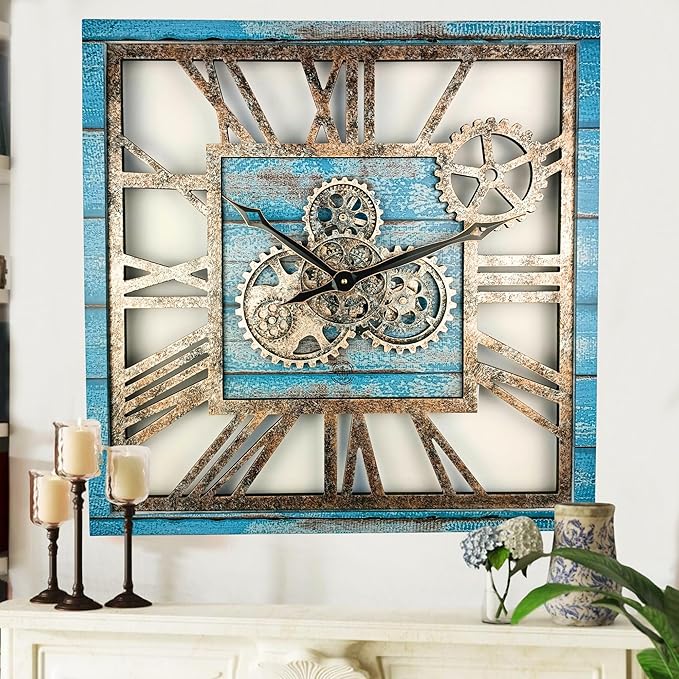 ImprovingLife The Gears Clock 24'' Inch Square Real Moving Gear Wall Clock Vintage Industrial Oversized Rustic Farmhouse (Ocean Blue)