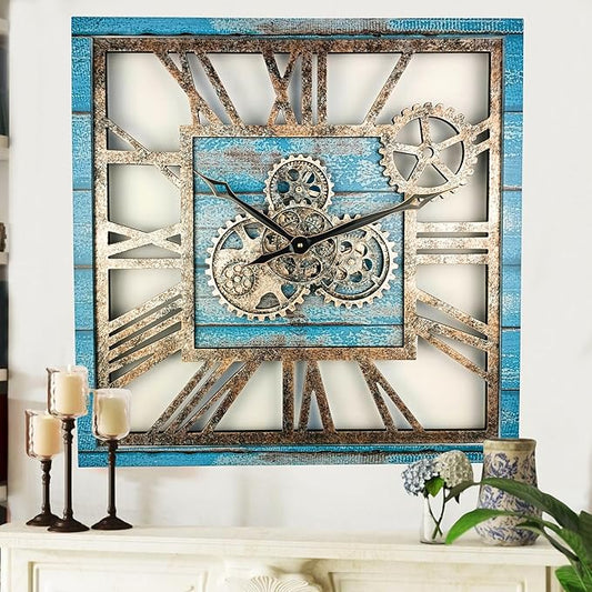 ImprovingLife The Gears Clock 24'' Inch Square Real Moving Gear Wall Clock Vintage Industrial Oversized Rustic Farmhouse (Ocean Blue)