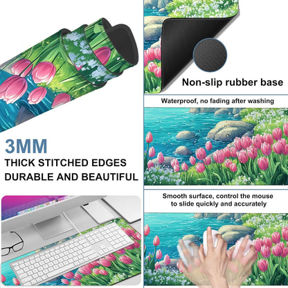 Large Mouse Pad Blooming Tulips Gaming Desk Pad Computer Keyboard Non-Slip Waterproof Mouse Mat with Rubber Base and Stitched Edges Entertainment Office Writing Desk Mat 35.4 x 15.7 Inches