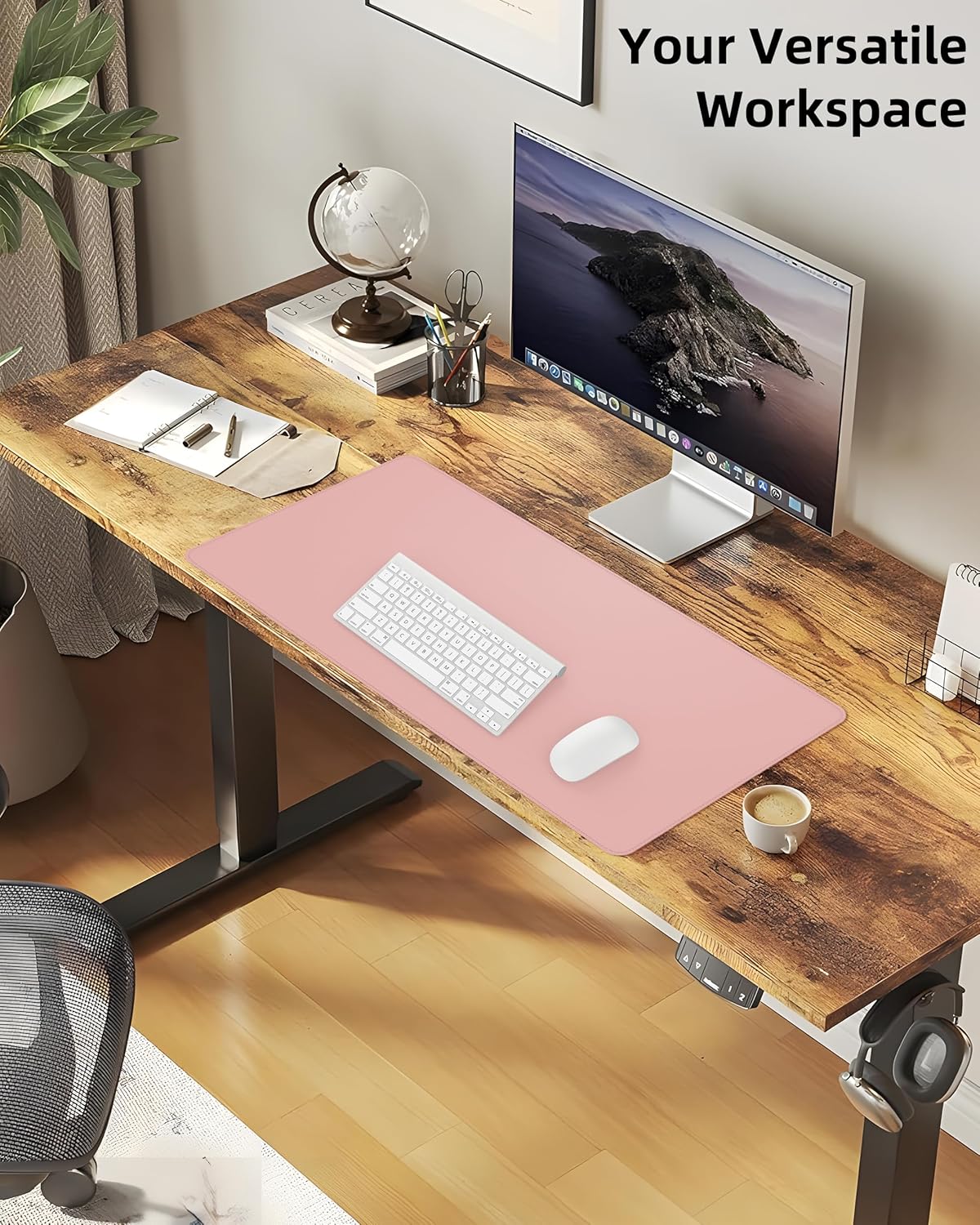 Large Desk Pad Mat - Waterproof Mouse Pad & Desk Protector, Non-Slip XL PU Leather Gaming Mat for Keyboard/Mouse, Stitched Edge with Ergonomic Support, 47"x17" (Pink)