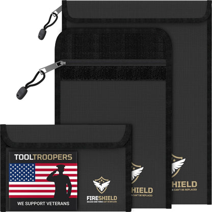 FIRESHIELD PRO Upgraded 2000°F Fireproof Document Bag 3-Pack – Fire & Water Resistant Money Pouch for Cash – Safe Storage for Family Photos, Jewelry, Passport & Important Documents – Size: S, M & L