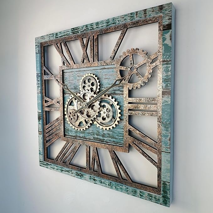 ImprovingLife The Gears Clock 24'' Inch Square Real Moving Gear Wall Clock Vintage Industrial Oversized Rustic Farmhouse (Aqua Green)
