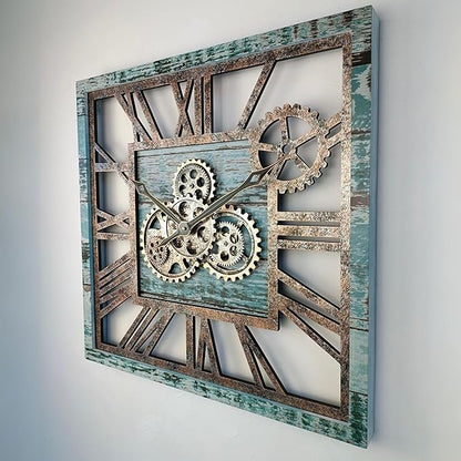 ImprovingLife The Gears Clock 24'' Inch Square Real Moving Gear Wall Clock Vintage Industrial Oversized Rustic Farmhouse (Aqua Green)