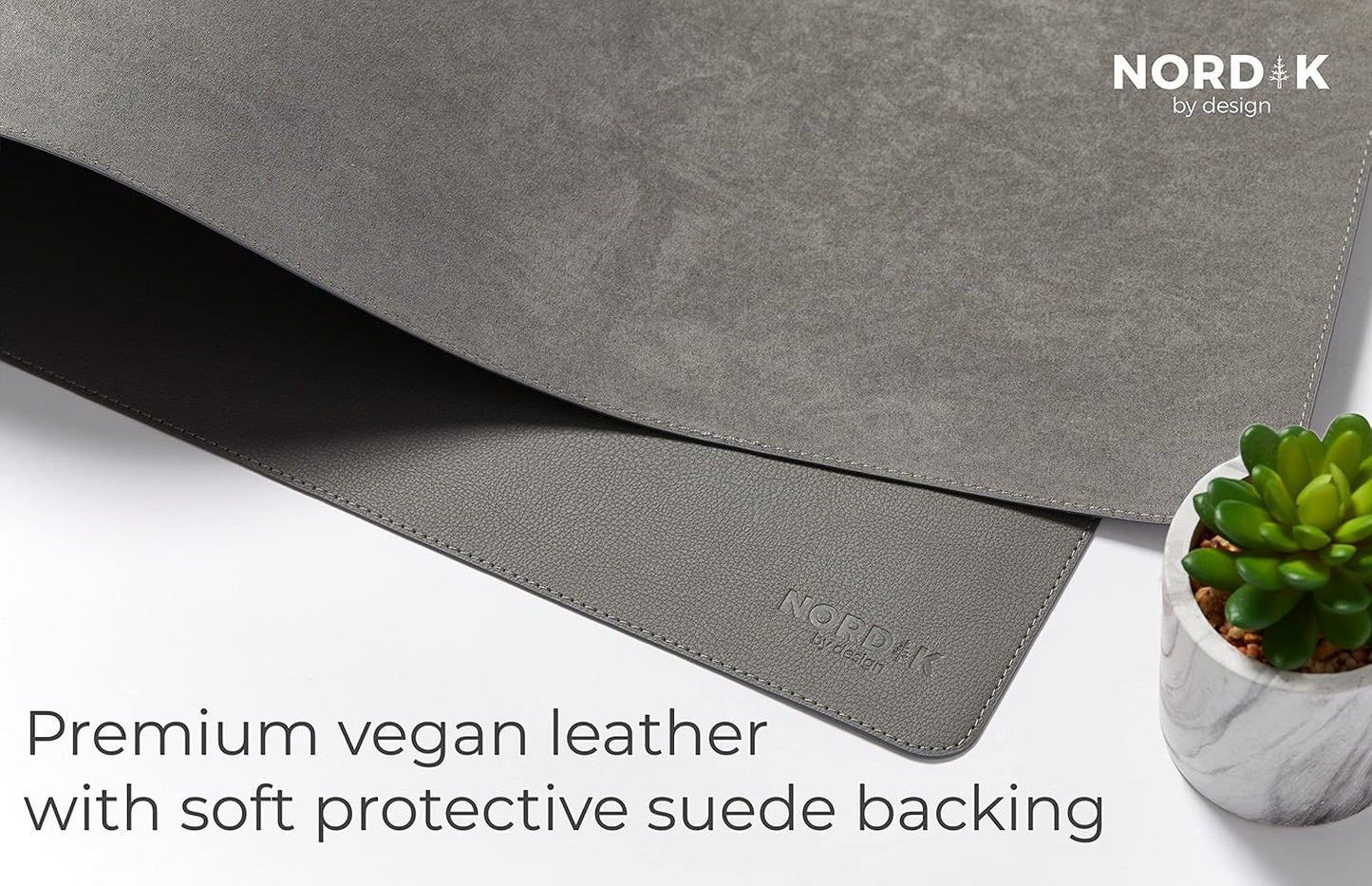 Nordik Leather Desk Mat Cable Organizer - Alaskan Gray 35 X 17 inch - Premium Extended Mouse Mat for Home Office Accessories - Non-Slip Vegan Leather Desk Pad Protector & Desk Blotter Pad