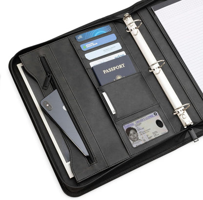 Portfolio Organizer - 3 Ring Binder with Notepad - 1.5 Inch Rings - Zippered Storage Pockets for Papers, Travel Documents, Presentation Folder, Cards, Passport, Tickets - Black