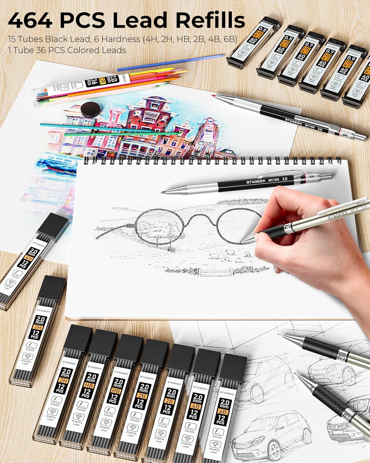 30PCS Mechanical Pencil Set with Canvas Bag, Drawing Pencils 0.5, 0.7, 0.9MM & 3PCS 2MM Sketching Pencil with 464PCS Leads (6B 4B 2B HB 2H 4H Color) for Artist Drafting Drawing Writing