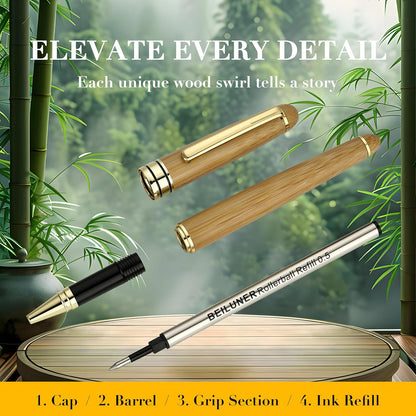 BEILUNER Luxury Wood Ballpoint Pen Writing Set,Bamboo-Elegant Nature Nice Gift Pen Set for Signature Executive Business Office Fancy Writing Supplies - Christmas Gift Boxed with Spare Refills (Black)