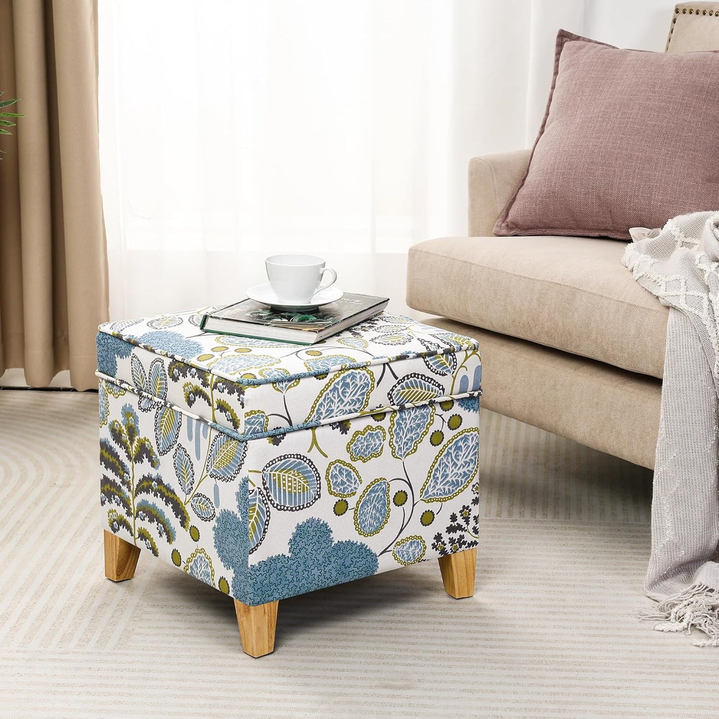 Adeco 18 Inch High Cube Ottoman Storage, Linen Chair Foot Stools, Upholstered Vanity Stool with Hinged Lid, Solid Wood Legs (Blue Leaves)