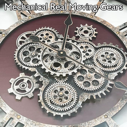 DORBOKER 27" Original Moving Gears Wall Clock, Large Industrial Wall Clock for Living Room Decor, Retro Metal Solid Wood Vintage Farmhouse Steampunk Rustic Clocks for Wall Decor,Cherry Red
