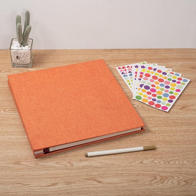 Photo Album Self Adhesive 3x5 4x6 5x7 6x8 8x10 8.5x11 11x10.6 Magnetic Scrapbook Album DIY Length 11x10.6 Inch 40 Pages Linen Cover DIY Photo Album with A Metallic Pen and and Plastic Board(Orange)