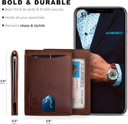 SERMAN BRANDS RFID Blocking Slim Bifold Genuine Leather Minimalist Front Pocket Wallets for Men with Money Clip Thin Gift