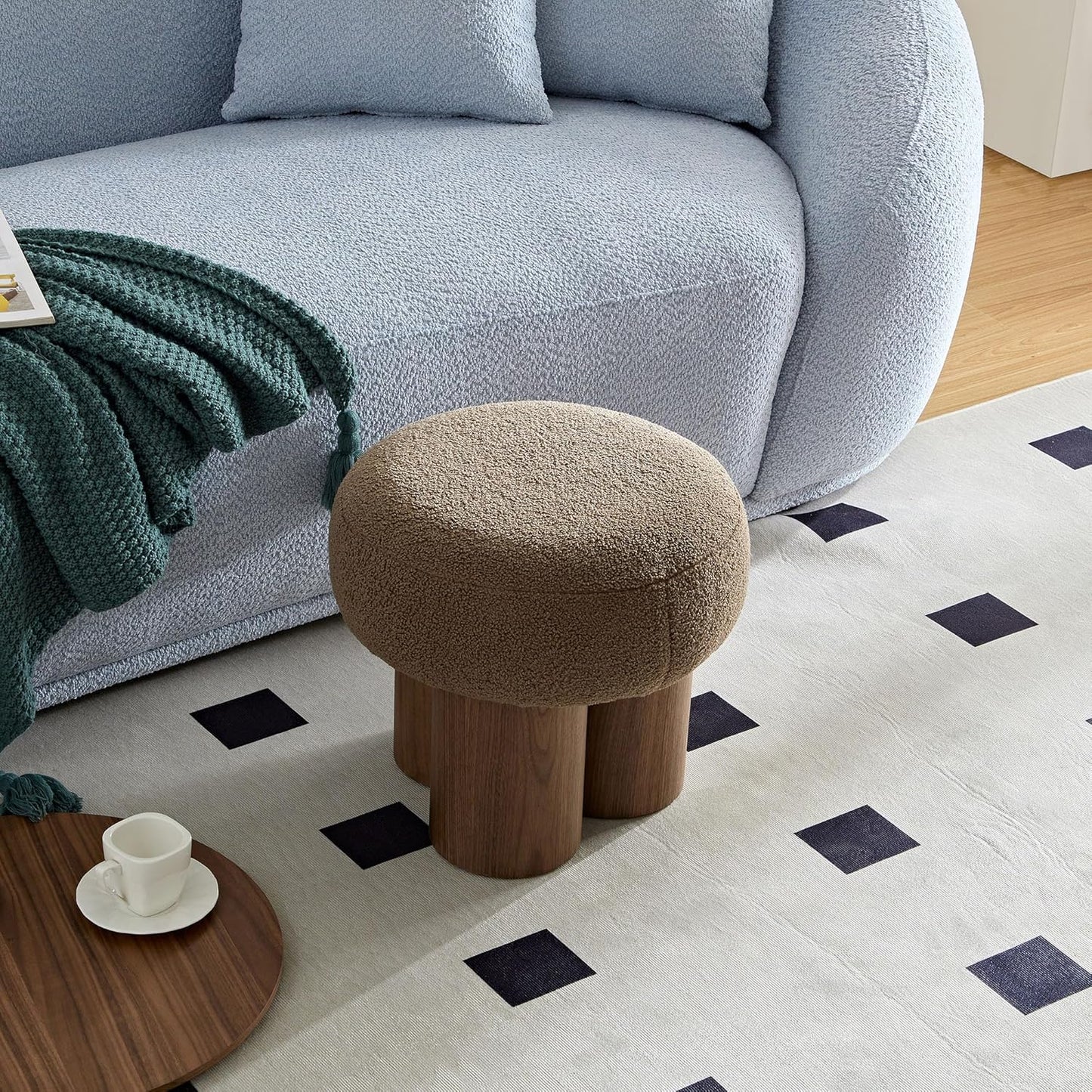 MEETAKING Small Round Foot Stool, Teddy Fabric Footrest Ottoman Stool with Non-Skid Legs, Modern Footstools Step for Couch, Desk, Office, Living Room (Brown)