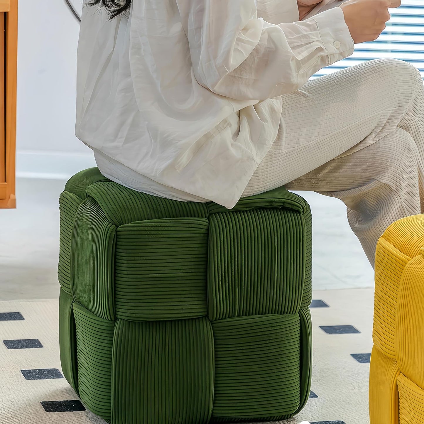 Ottoman Foot Rest Soft and Comfortable Ottoman Square Corduroy Woven Design Sofa Stool (Green)