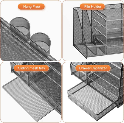 Marbrasse 5-Tier Paper Letter Tray Organizer with Drawer and Pen Holder, Mesh Desktop Organizer and Storage with Magazine Holder for Office Supplies (Grey)