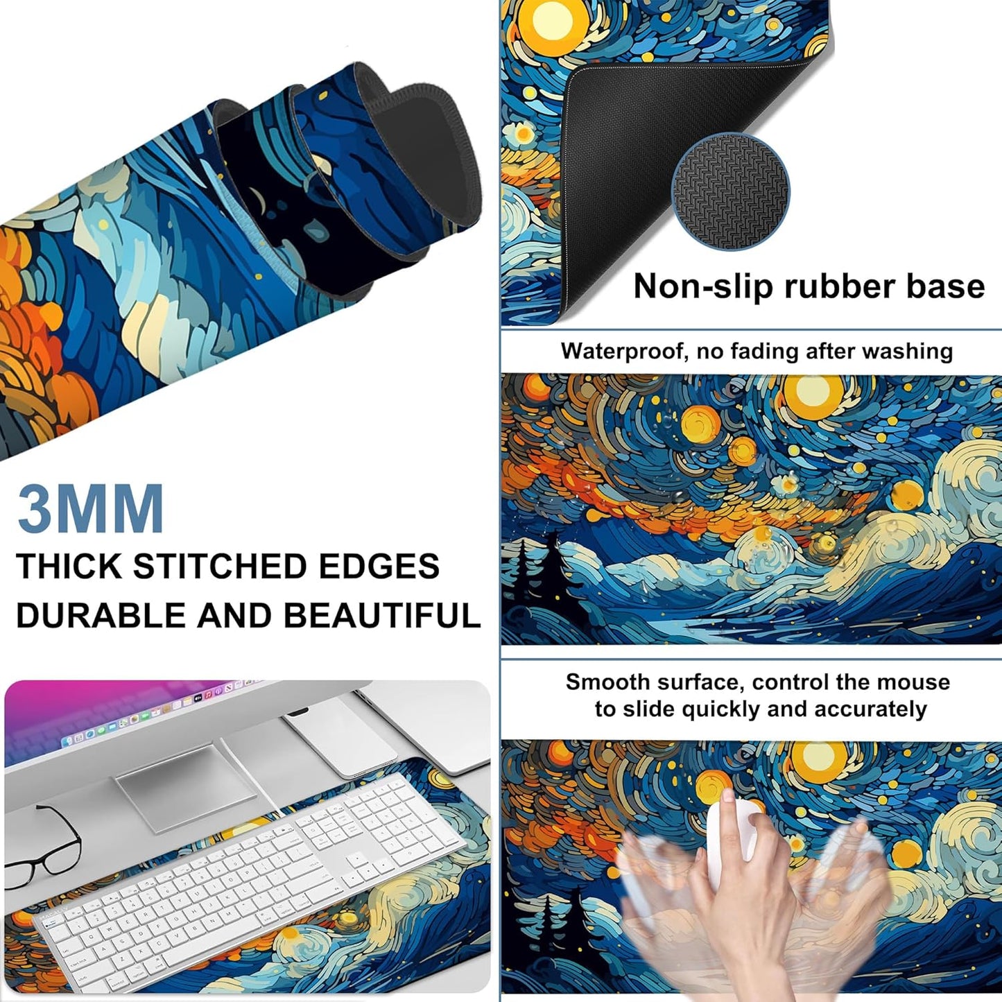 Large Mouse Pad Starry Sky Gaming Desk Pad Computer Keyboard Non-Slip Waterproof Mouse Mat with Rubber Base and Stitched Edges Entertainment Office Writing Desk Mat 35.4 x 15.7 Inches