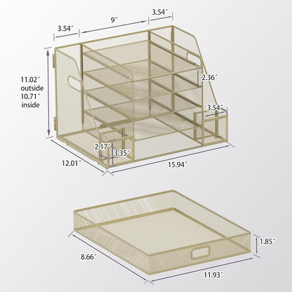 SUPEASY Mesh Desk Organizer with File Holder, 5-Tier Paper Letter Tray Organizer with Magazine Holder, Desktop Organizer and Storage with Drawer for Office Supplies Home or School, Yellow