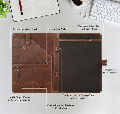 KomalC Leather Portfolio Folder with Button Closure | Business Padfolio for Professionals | Vintage Full-Grain Leather Organizer with Legal Pad Holder, Card Slots & Document Pockets