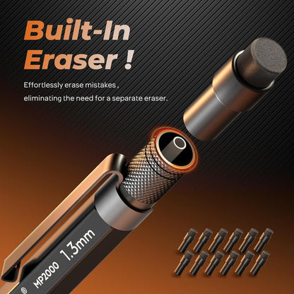 Nicpro 1.3mm Mechanical Pencil Set in Leather Bag with Lead Refill Black & Colors, Erasers- Weatherproof Metal Heavy Duty Carpenter Pencil & Spiral Notebook for Outdoor Drafting Marking Drawing