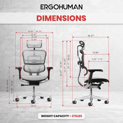 Ergohuman Eurotech ME7ERG GEN2 High Back Mesh Office Chair with Tilt Tension Control, Tilt Lock, Back Angle, Back Height, Synchro Tilt, Seat Height, Seat Depth, and Arm Height Adjustments, Grey