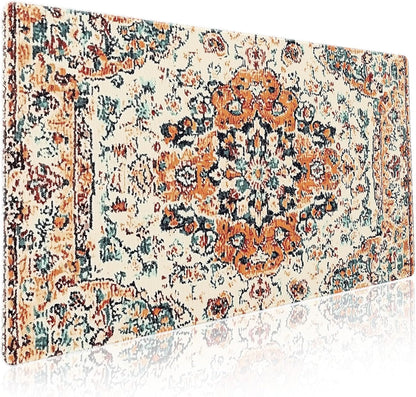 Vintage Rug Gaming Mouse Pad XXL Orange Teal Retro Carpet Aesthetic Extended Large Mat Bohemian Boho Mousepad Desk Pad Non-Slip Rubber Base Stitched Edge Flower Keyboard Pad for Computer,35.4x15.7 in