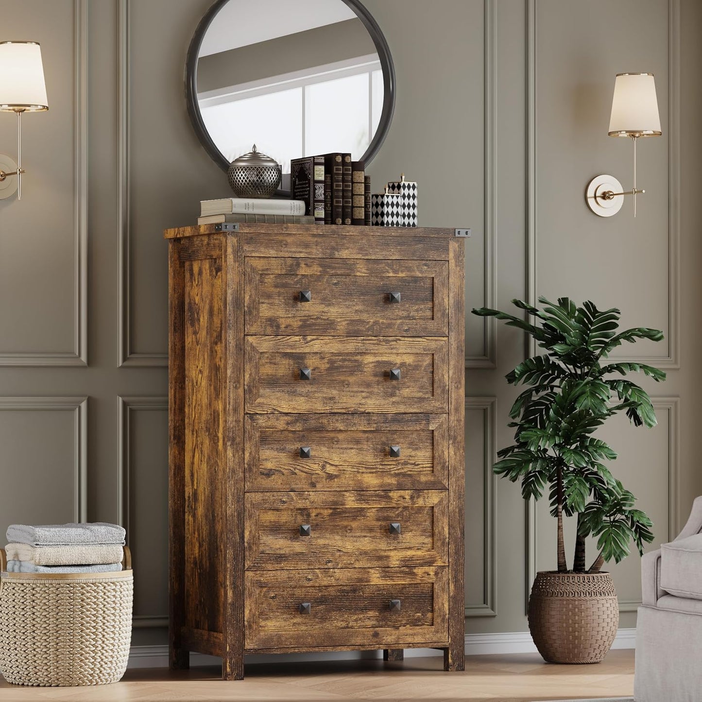 Tall 5-Drawer Dresser, Modern Wooden Storage Chest of Drawers, Dresser TV Stand, Wood Drawer Organizer with Metal Handles for Bedroom, Living Room, Hallway