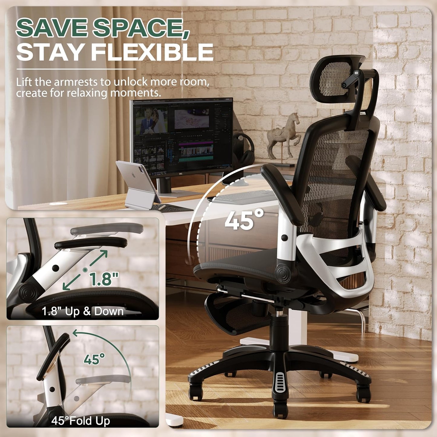 GABRYLLY Ergonomic Office Chair with Footrest, High Back Home Desk Chair - 3D Headrest, Flip-Up Arms, 135° Tilt and Wide Cushion, Heavy Duty Mesh Chairs for Task Computer Gaming,GYB01-FT