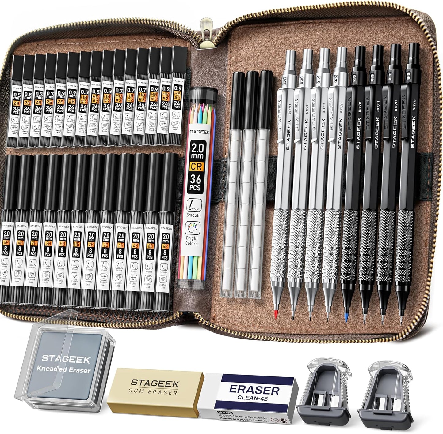 45PCS Black & Silver Metal Mechanical Pencil Set in Leather Case, 0.5, 0.7, 0.9, 2.0mm Drafting Pencils with 28 Tubes(6B 4B 2B HB 2H 4H & Colors)Lead Refills for Art Drawing, Sketching,Writing