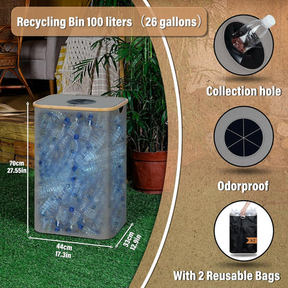 efluky Recycle Bin 26 Gallon, 100L Recycle Bin for Kitchen with 2 Removeable and Reusable Inner Bag, Large Recycling Bin with Lid for Bottle Can Plastice Stickers (Grey)