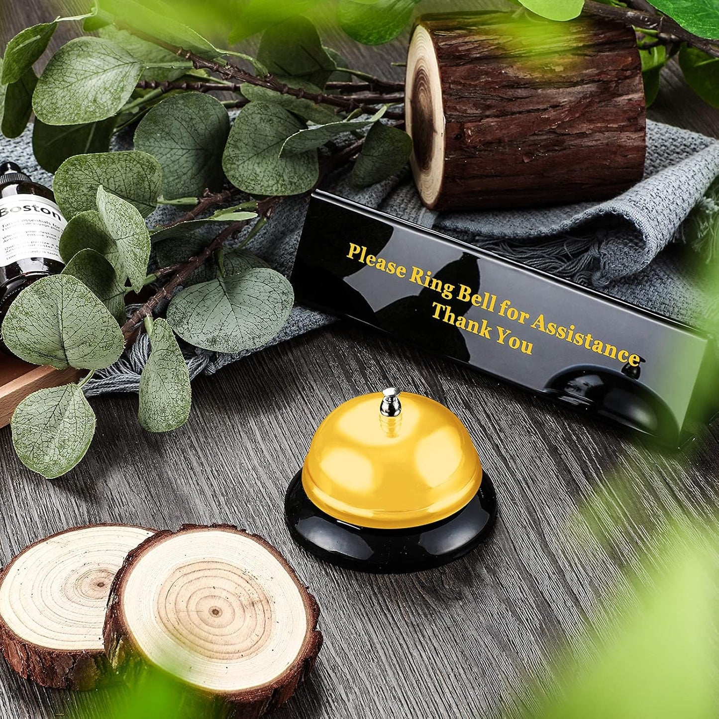 Boao Desk Service Dinner Bell Metal Silver Call Bell and Double Side No Receptionist Sign Please Ring Sign for Service Assistance for Hotel School Restaurant Reception Area(Yellow Bell)