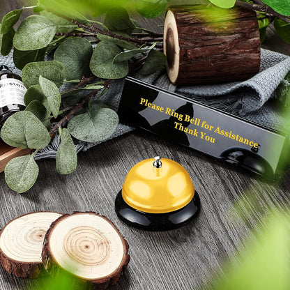 Boao Desk Service Dinner Bell Metal Silver Call Bell and Double Side No Receptionist Sign Please Ring Sign for Service Assistance for Hotel School Restaurant Reception Area(Yellow Bell)