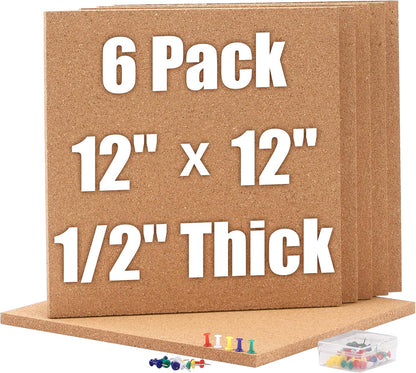SUNGIFT Cork Boards for Walls - 12" x 12" Corkboard Squares, 1/2" Thick Cork Board Tiles, 6 Pack Wall Bulletin Board with 50 Push Pins for Office, Home Decor