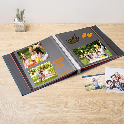 Large Photo Album Self Adhesive 4x6 8x10 10x12 13"x12.6" Scrapbook Album 12.6"x11" Inch 60 Black Sticky Pages Linen Cover Magnetic Photo Album with A Metallic Pen and DIY Stickers(Blue)