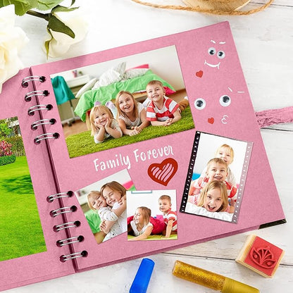 Bstorify Square Scrapbook Photo Albums 7 x 7 Inch Pink Thick Paper, Hardcover, Metal Corners, Ribbon Closure - Ideal for Your Scrapbooking Albums, Art & Craft Projects