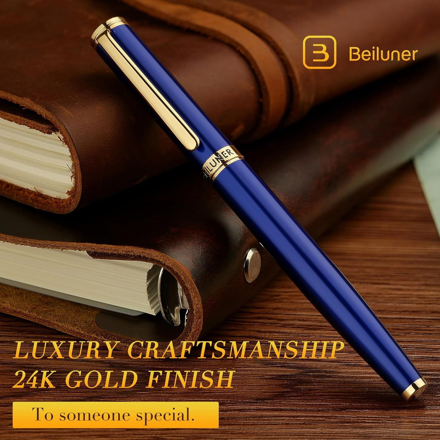 BEILUNER Blue Fountain Pen,Stunning Luxury Pens with 24K Gold Finish, Gorgeous 24K Gilded Nib(Medium), Fancy Pen Gift for Men&Women -Ink Converter-Elegant, Reliable,Nice Pen for Writing