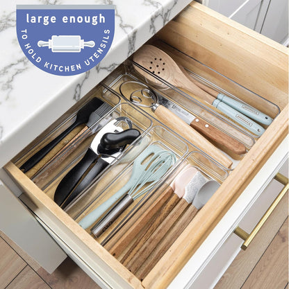Six Pcs. Plastic Clear Drawer Organizers. Stackable Storage Trays for Kitchen Utensils and Silverware. 2 Sizes. Stackable