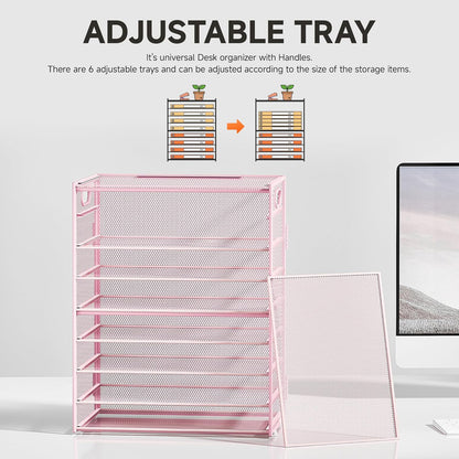 Subekyu 9 Tier Paper Letter File Tray Organizer for Desk, Pink Large Mesh Desk Folder Sorter Organizer with Handle, Include 6 Pcs Adjustable Height Slid Tray for Office Home School Supplies Storage
