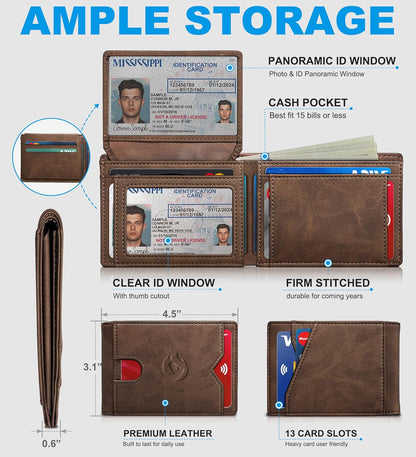 Wallet for Men Wallet with Cash Pocket 2 ID Window 13 Cards,Slim Leather Wallet Front Pocket Card Holder RFID Blocking with Gift Box
