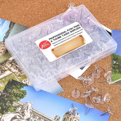 Push Pins 200-count Flat Clear Thumb Tacks Steel Point and Plastic Head for Corkboard and Wooden Photo Wall