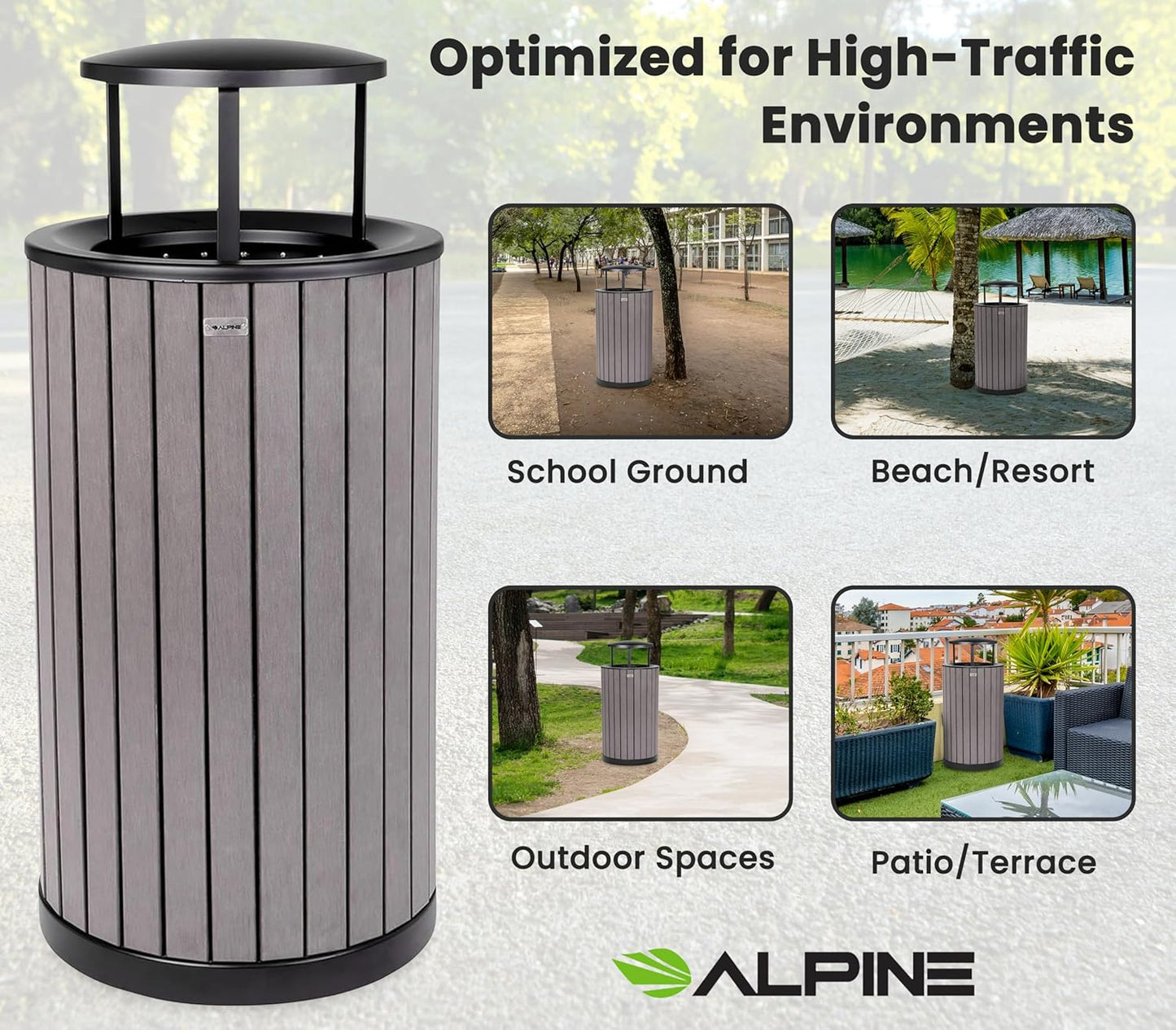 Alpine 32 Gallon Commercial Outdoor Trash Can - Heavy Duty Garbage Can Outdoor, Industrial Trash Can with Plastic Panels for Patio, Parks, Trails & Resorts (Rain Bonnet Lid - Grey)